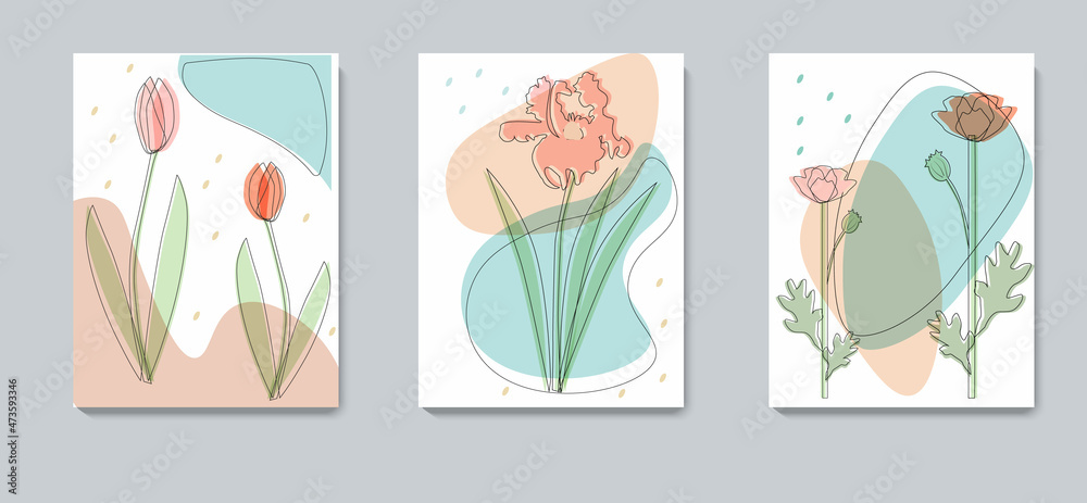 Floral banner, line art template, poster,pastel color. Fashionable ,collage for social media,stories, comtemporary art