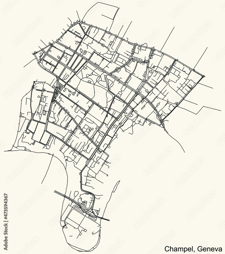 Detailed navigation urban street roads map on vintage beige background of the quarter Champel District of the Swiss regional capital city of Geneva, Switzerland