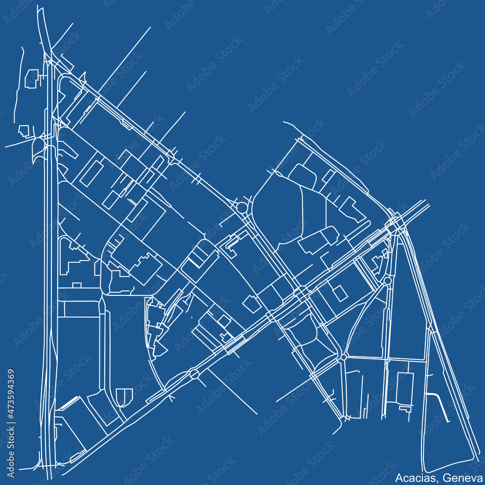 Detailed technical drawing navigation urban street roads map on blue background of the quarter Acacias District of the Swiss regional capital city of Geneva, Switzerland
