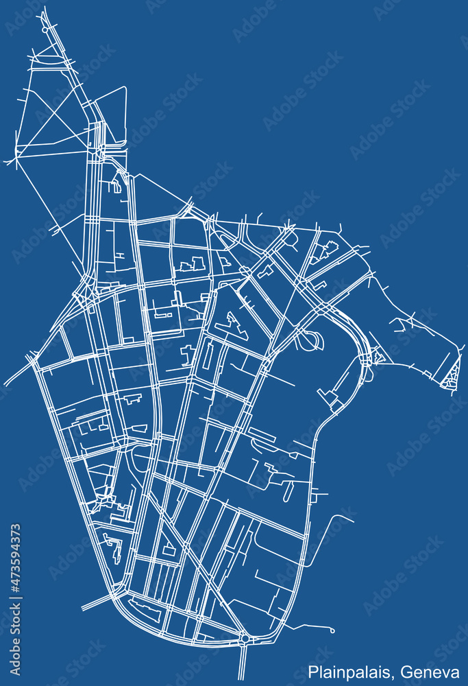 Detailed technical drawing navigation urban street roads map on blue background of the quarter Plainpalais District of the Swiss regional capital city of Geneva, Switzerland