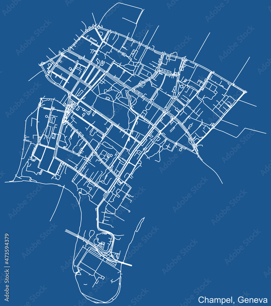 Detailed technical drawing navigation urban street roads map on blue background of the quarter Champel District of the Swiss regional capital city of Geneva, Switzerland