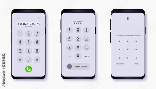 Cellphone with passcode lock screen interface, use biometric or enter pattern pages.