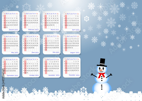 2022 table calendar with winter landscape. Week starts on Sunday.