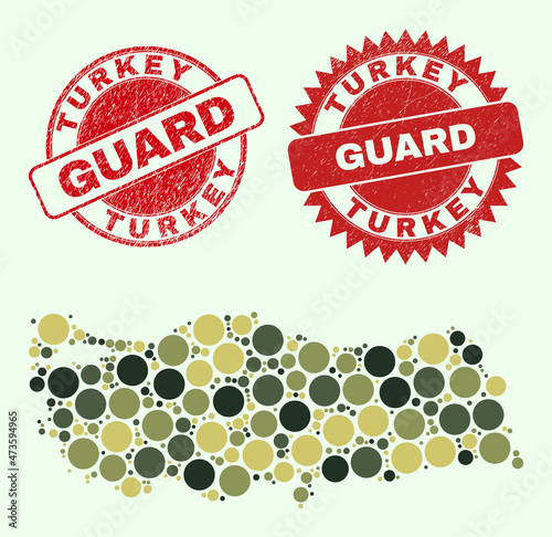 Vector spheric items mosaic Turkey map in camo colors, and corroded stamp imitations for guard and military services. Round red stamp seals contain phrase GUARD inside.