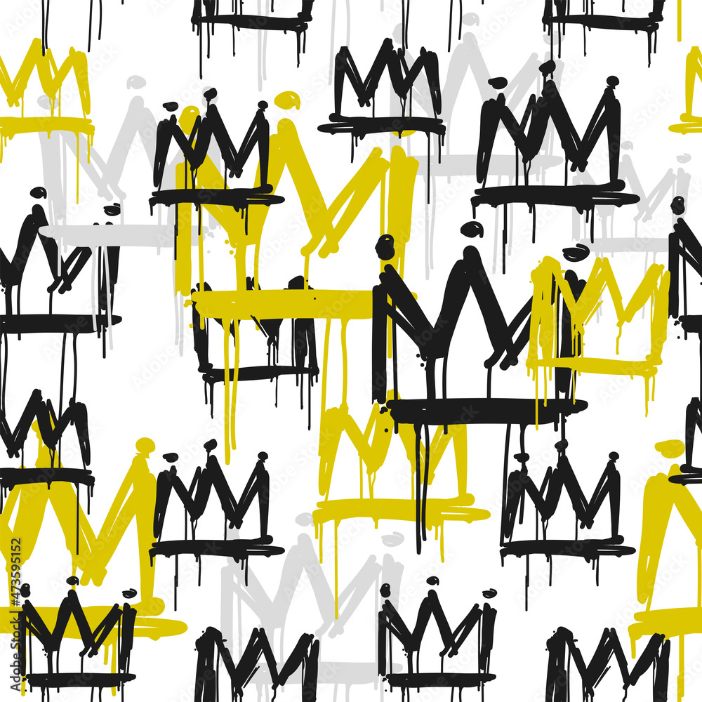 Seamless pattern of hand drawn grunge crown tags on white background. Vector hip-hop endless background. Graffiti Crowns pattern