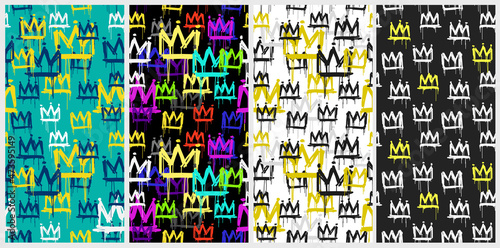 Seamless pattern set on graffiti style colourful grunge crown tags - vector template. Hand drawing spray paint tags design. Grunge style graffiti on black background for print design	