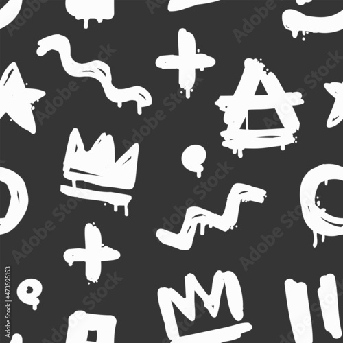 Hip-Hop Graffiti seamless pattern of abstract graffiti tags crowns stars on black background. Hand drawn cartoon style hip hop background