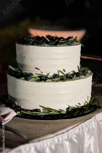 Elegant white wedding or birthday cake decorated with bluebarry and green leaves on table in restaurant, copy space