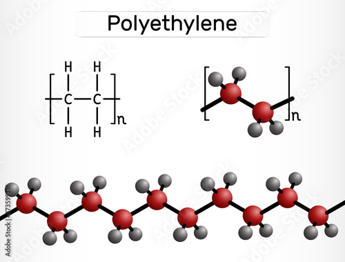 Polyethylene, polythene, PE, polyethene, poly(methylene) molecule. It is polymer of ethylene, the most common plastic. Structural chemical formula and molecule model.