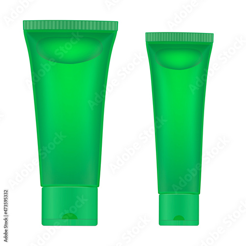Aloe vera facial gel in green transparent tubes. Cucumber mask. Bubble inside. Moisturizer. Korean cosmetics. Realistic vector illustration. 3d mockup. Green tea or apple shampoo. Mint or melissa gel.