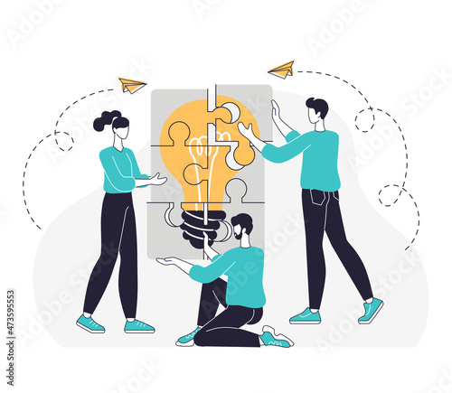 Team brainstorming, idea management, project management, new idea generation, startup collaboration, find solution, product development. Creative thinking abstract concept flat line illustration