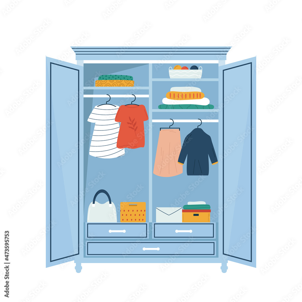 Vector illustration of an open wardrobe with well organised, tidy ...