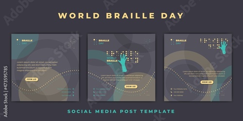 World Braille day template with the hand fingering braille design. Yellow social media post template design.