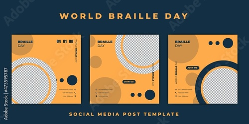 World Braille day template with circle and dots design. Yellow social media post template design.
