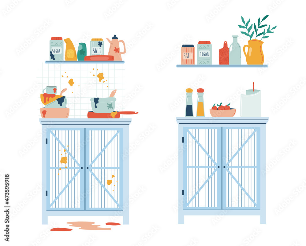 Dirty and clean kitchen - before and after concept. Dirty and clean kitchen - before and after concept.