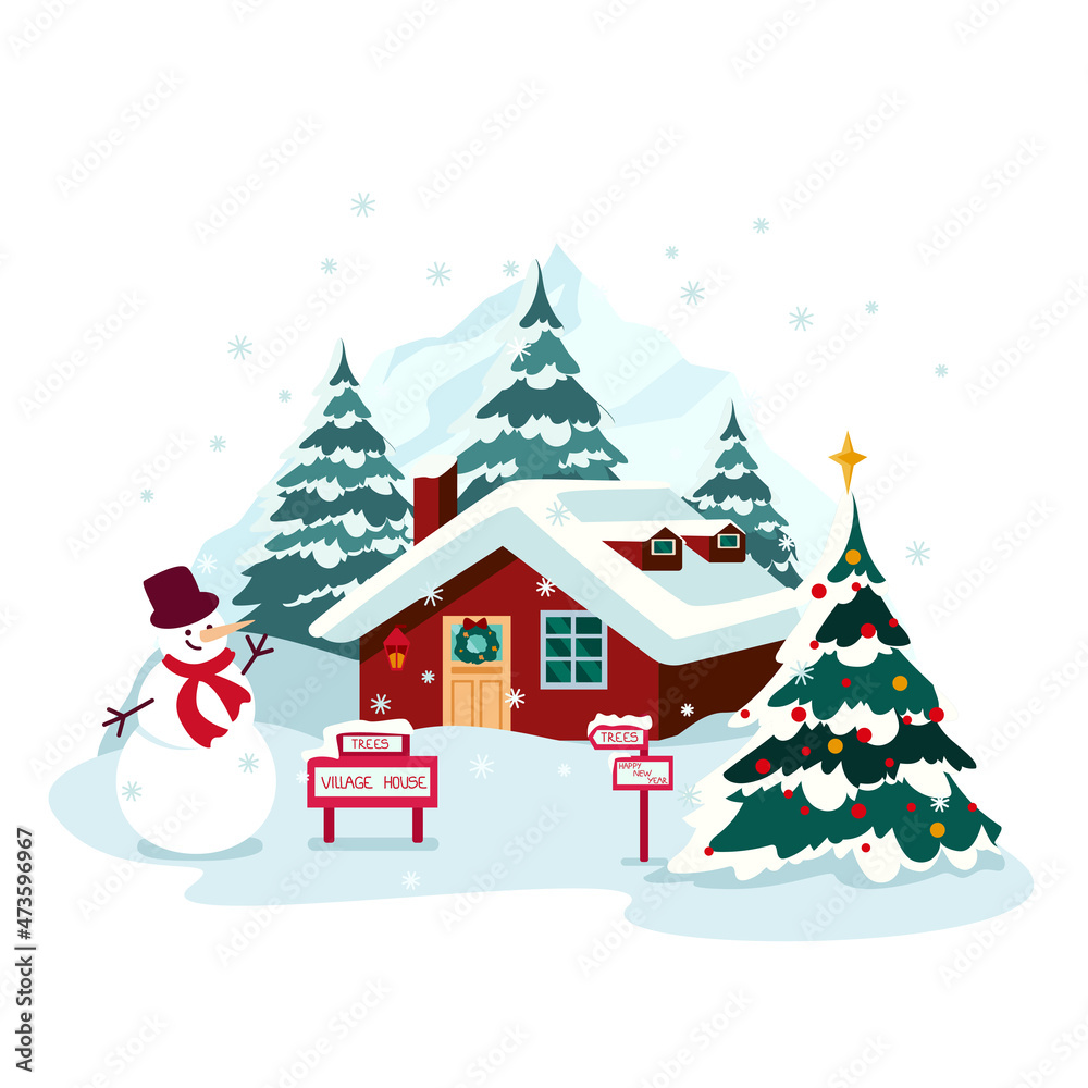 Winter landscape with house, snowman and Christmas tree. House in snowy forest. Merry Christmas and Happy New Year design for greeting cards, festive posters. Vector illustration isolated on white 