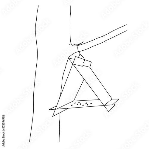 Black hand drawn outline vector illustration of A birdhouse or squirrel house for birds or squirrel from new boards is hanging on a tree isolated on a white background