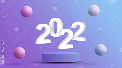 New year 2022 with platform and balloons around 3d