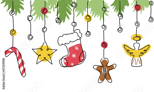 Christmas vector hanging decorations with sock, candy cane, star, angel, gingerbread man. Xmas decorations, christmas tree toys background. One continuous line art color drawing