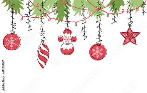 Christmas vector color border. Xmas decorations, christmas tree toys background. Seamless vector border with ornaments. One continuous line art drawing