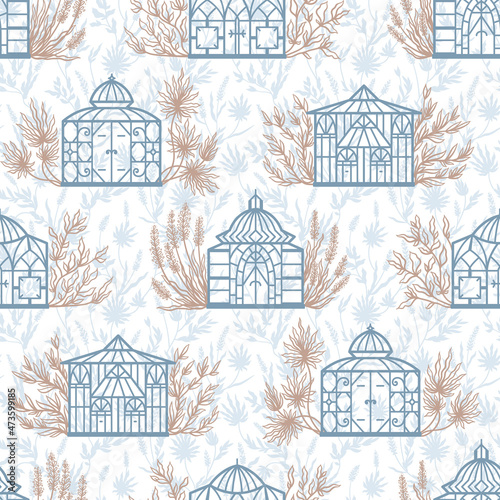 Botanical Garden. Victorian Greenhouses and Tropical Plants Vector Seamless Pattern. Vintage Glass Orangery.