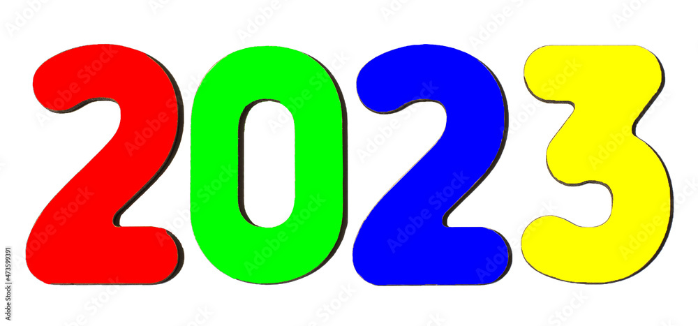 Number 2023. Each number has a different color: red, green, blue, yellow. Isolated on white background Number 2023. Each number has a different color: red, green, blue, yellow. Isolated on white background