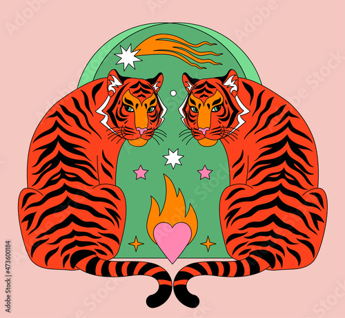 Cute Tigers, fire heart, comet, stars, arch. Modern abstract art. Boho style. Mid Century print. Cosmic minimalistic scene. Protect wild animals poster. Magic concept. Vintage inspired art 