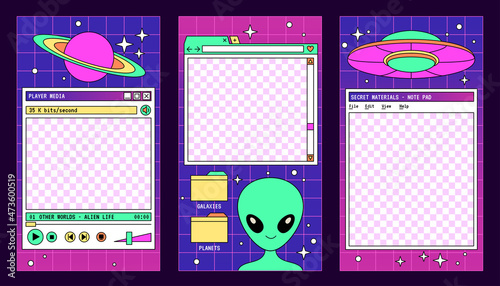 Linear vaporwave instagram stories templates. Social media set design. Abstract retro aesthetic groovy backgrounds pack 80s, 90s style. Alien, space ship, ufo set of vector objects and design elements