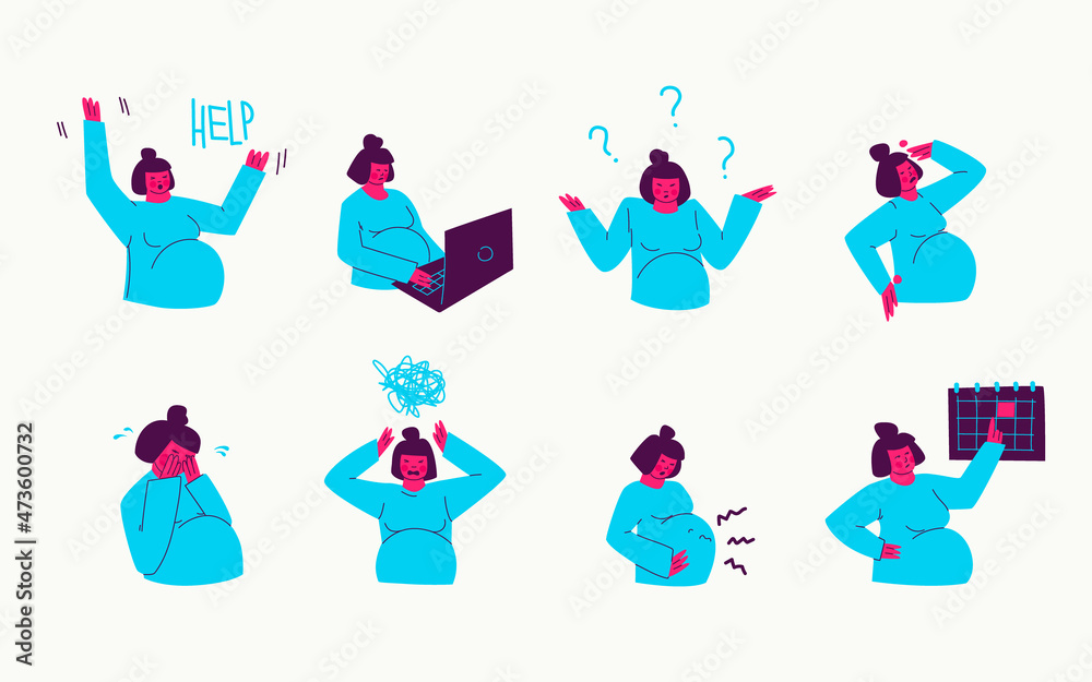Fototapeta premium Set of illustrations of pregnant woman sad and annoyed. Problems associated with expecting a baby. Young mother asks for help, cries, is nervous. Vector cartoon drawings of purple, blue, pink purple.