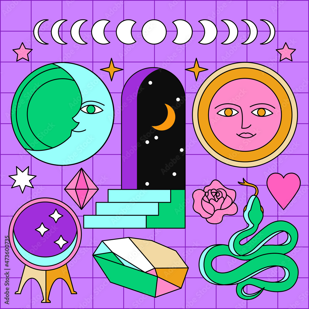 Magical boho clipart elements set. Magic mystery art concept. Sun, Moon