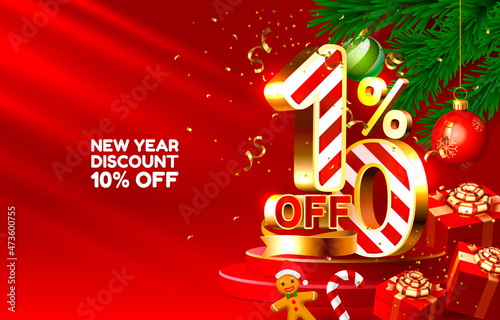 New year discount merry Christmas sale 10 off golden numbers, with gifts and Christmas decorations on the red background. Vector