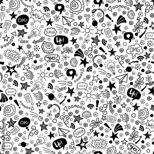 Pattern doodle teens speech in paper art style on black background. Seamless vector graphic modern illustration. Trendy illustration for decoration design.
