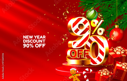 New year discount merry Christmas sale 90 off golden numbers, with gifts and Christmas decorations on the red background. Vector