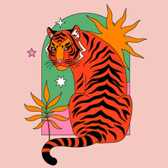 Fotobehang Tijger Boho tijger met zon en sterren  © Mystery Kit