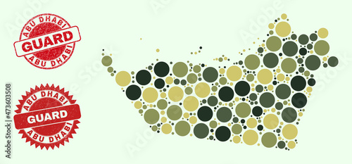 Vector round parts composition Abu Dhabi Emirate map in camo hues, and corroded stamp seals for guard and military services. Round red imprints have phrase GUARD inside.