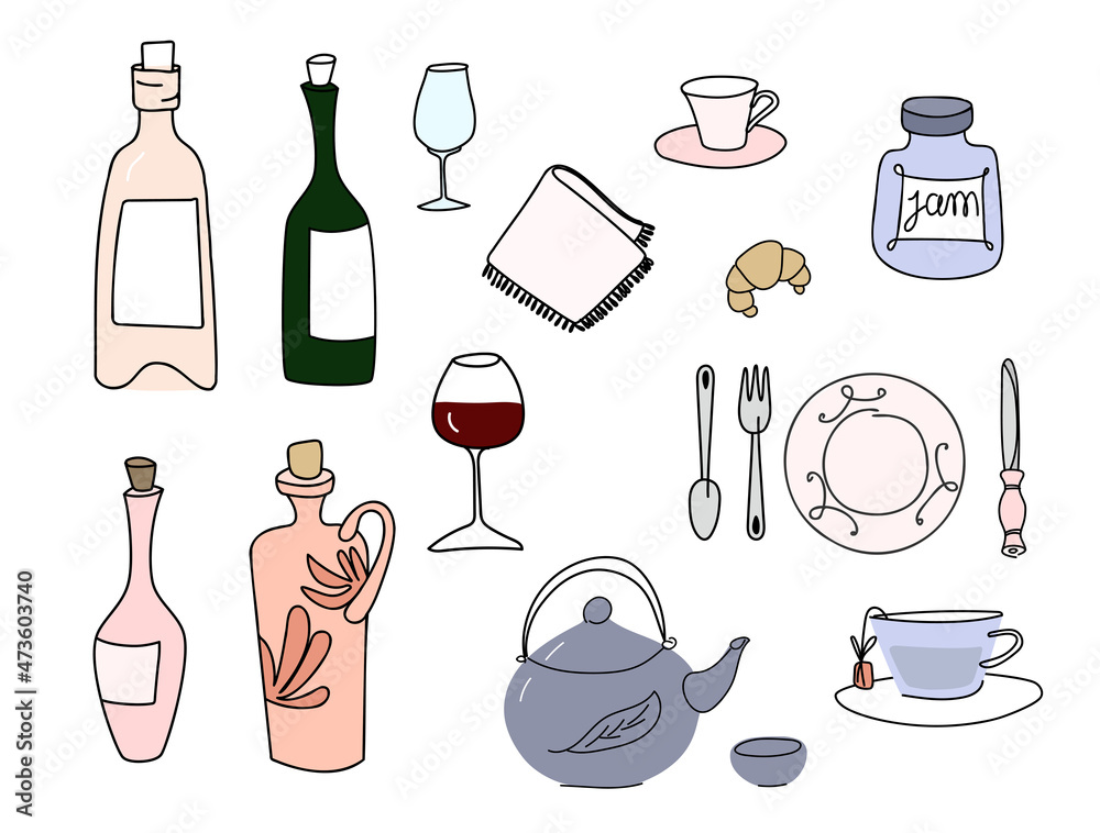 A set of cutlery, glasses and bottles painted in the doodle style to create a lunch menu, vector illustration A set of cutlery, glasses and bottles painted in the doodle style to create a lunch menu, vector illustration