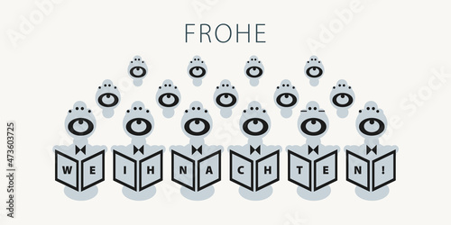 Frohe Weihnachten - eine grafische Weihnachtskarte mit einem illustriertem Chor singt Weihnachtslieder