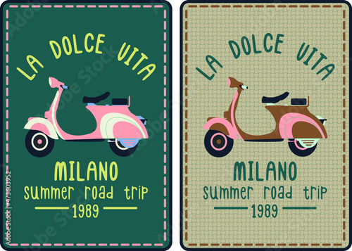 Vector cute retro scooter print design with 2 different color options.