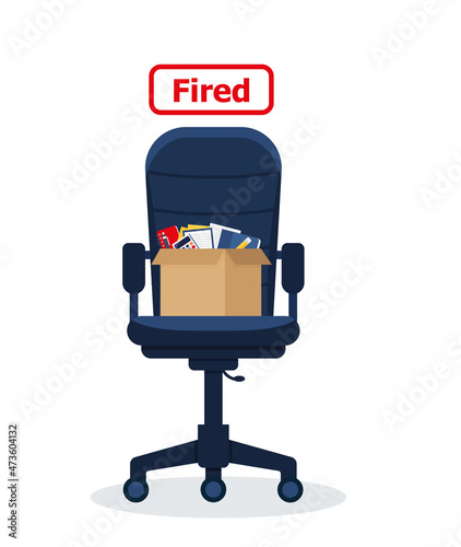 Fired. Business chair with box with office things. Unemployment, crisis, job cuts reduction. Loss of vacancy.