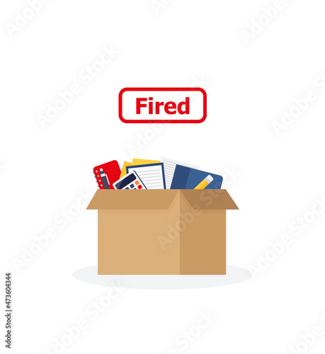 Fired. Business chair with box with office things. Unemployment, crisis, job cuts reduction. Loss of vacancy.