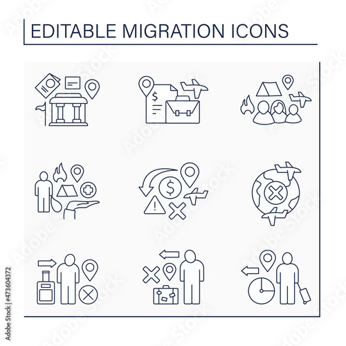 Migration line icons set. Emigration and immigration. Forced movement. Searching for better living conditions. Migration concept. Isolated vector illustration. Editable stroke