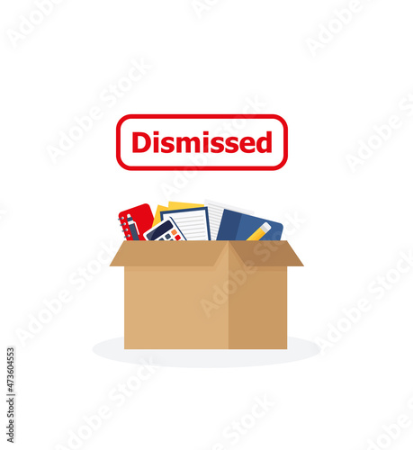 Dismissed. Business chair with box with office things. Unemployment, crisis, job cuts reduction. Loss of vacancy.