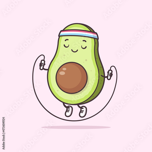 Avocado jumping rope kawaii vector cartoon illustration