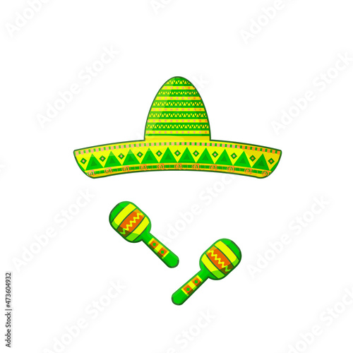 Vector illustration on the theme of Mexican holidays and festivals. Sombrero and maracas on white background