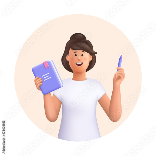 Young woman Jane holding book and pencil. Education, knowledge, study concept. 3d vector people character illustration. Cartoon minimal style.