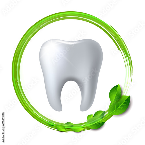 Whirlwind of green leaves swirls around white shiny tooth.