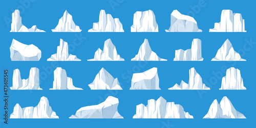 Floating icebergs collection. Drifting arctic glacier, block of frozen ocean water. Icy mountains with snow. Melting ice peak. Antarctic snowy landscape. South and North Pole. Vector illustration.