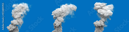 3 grey pollution smoke columns from factory on blue, isolated - industrial 3D rendering © Dancing Man