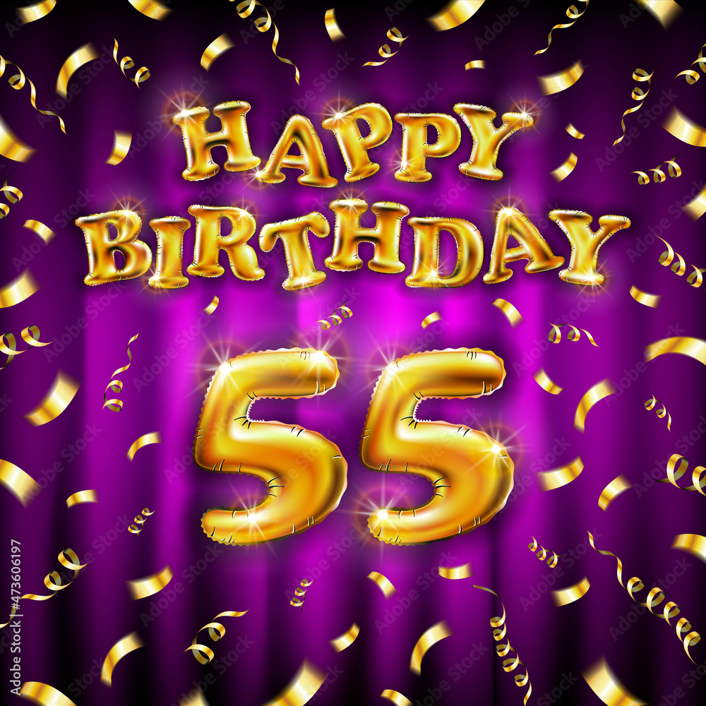 Golden number fifty five years metallic balloon. Happy Birthday message made of golden inflatable balloon. 55 number etters on pink background. fly gold ribbons with confetti. vector illustration