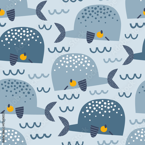 Blue Yellow Whale in the waves vector seamless pattern. Cute ocean creatures background. Scandinavian decorative childish surface design for nautical nursery and navy kids fabric.